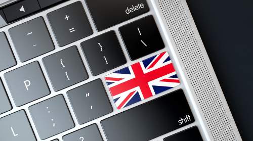 Pseudoanglizismen im norwegischen Wortschatz. Das Foto zeigt eine PC-Tastatur mit englische Flagge.